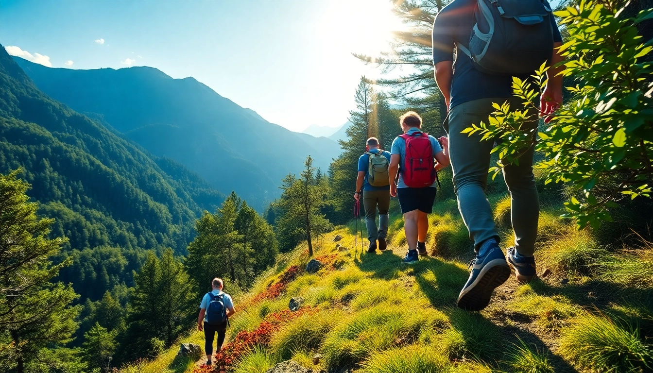Hiking in scenic mountain terrain with lush greenery, showcasing enthusiastic hikers on a trail, emphasizing outdoor adventure.