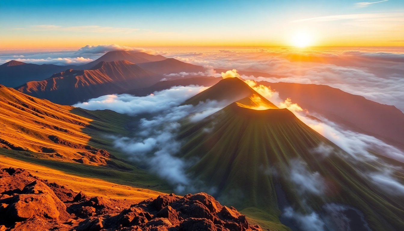 Majestic Mt. Rinjani erupting with sunrise light highlighting its volcanic peaks and surrounding landscape