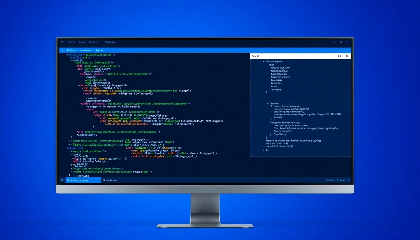 Learn about Windows API and https://32win.show/ with a visually engaging depiction of code and window controls on a modern screen, illustrating development tools and system management features.