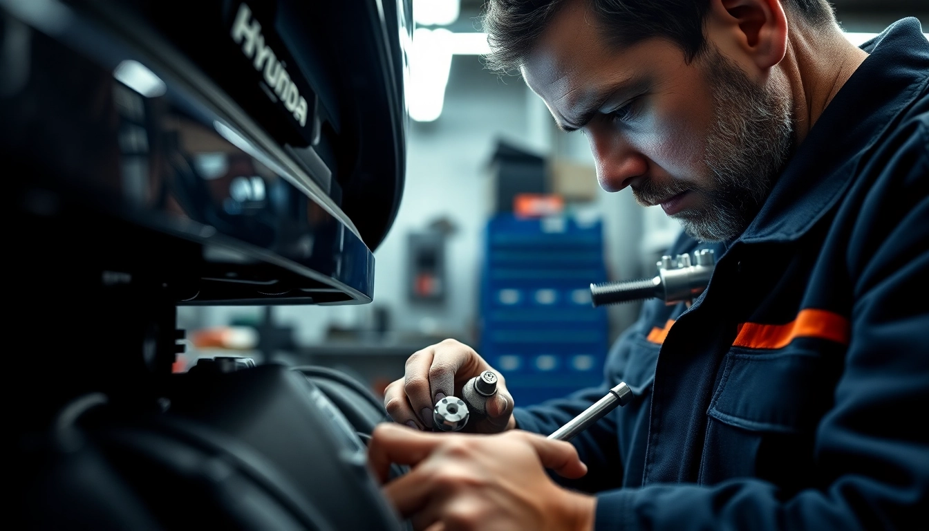 An automotive technician expertly handles Hyundai werkzeug tools during car repair, showcasing quality and precision in a professional workshop setting.
