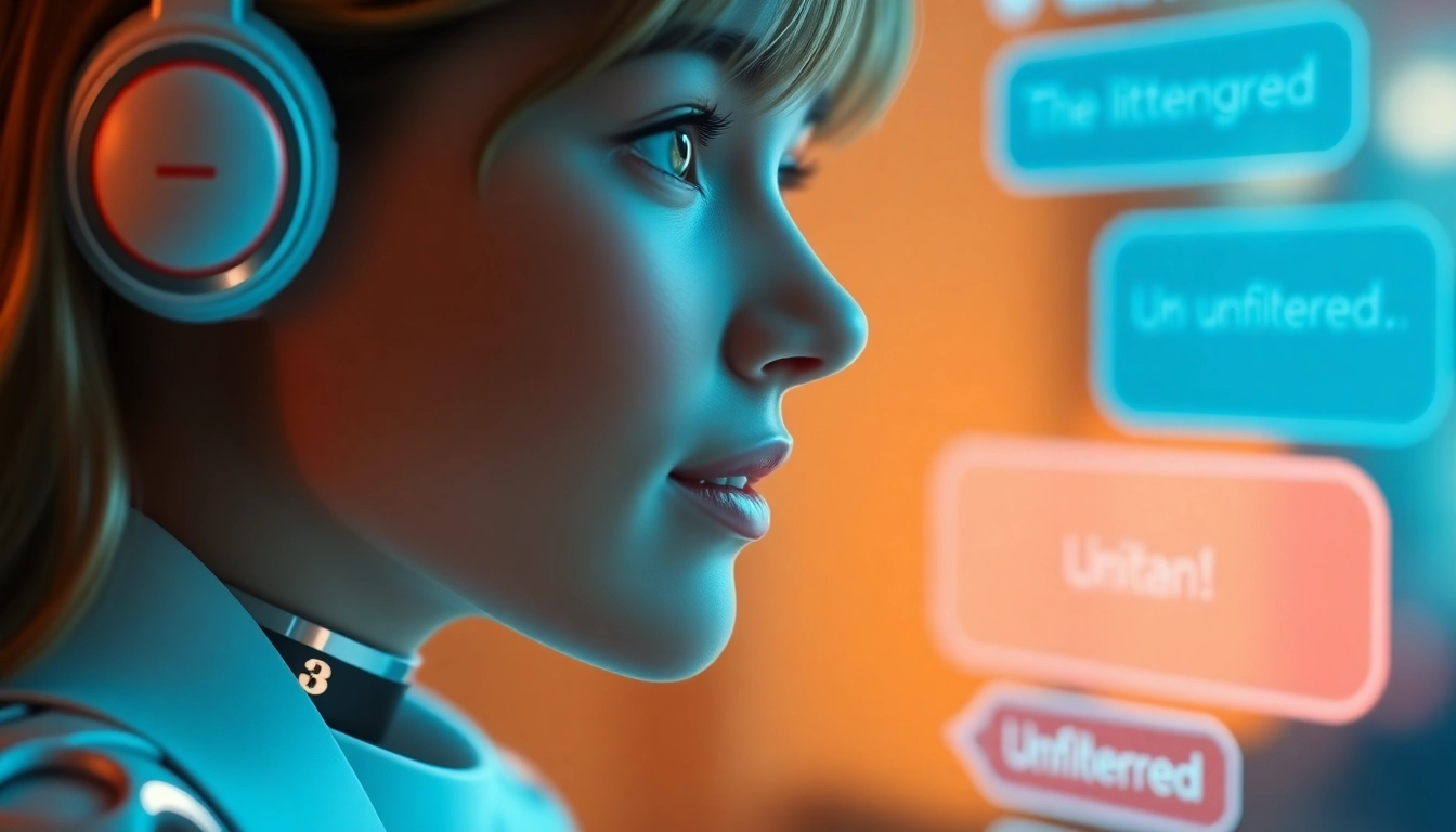 AI girlfriend engaging in unfiltered NSFW chat, showcasing realistic digital conversation with expressive visuals and ambient glow.