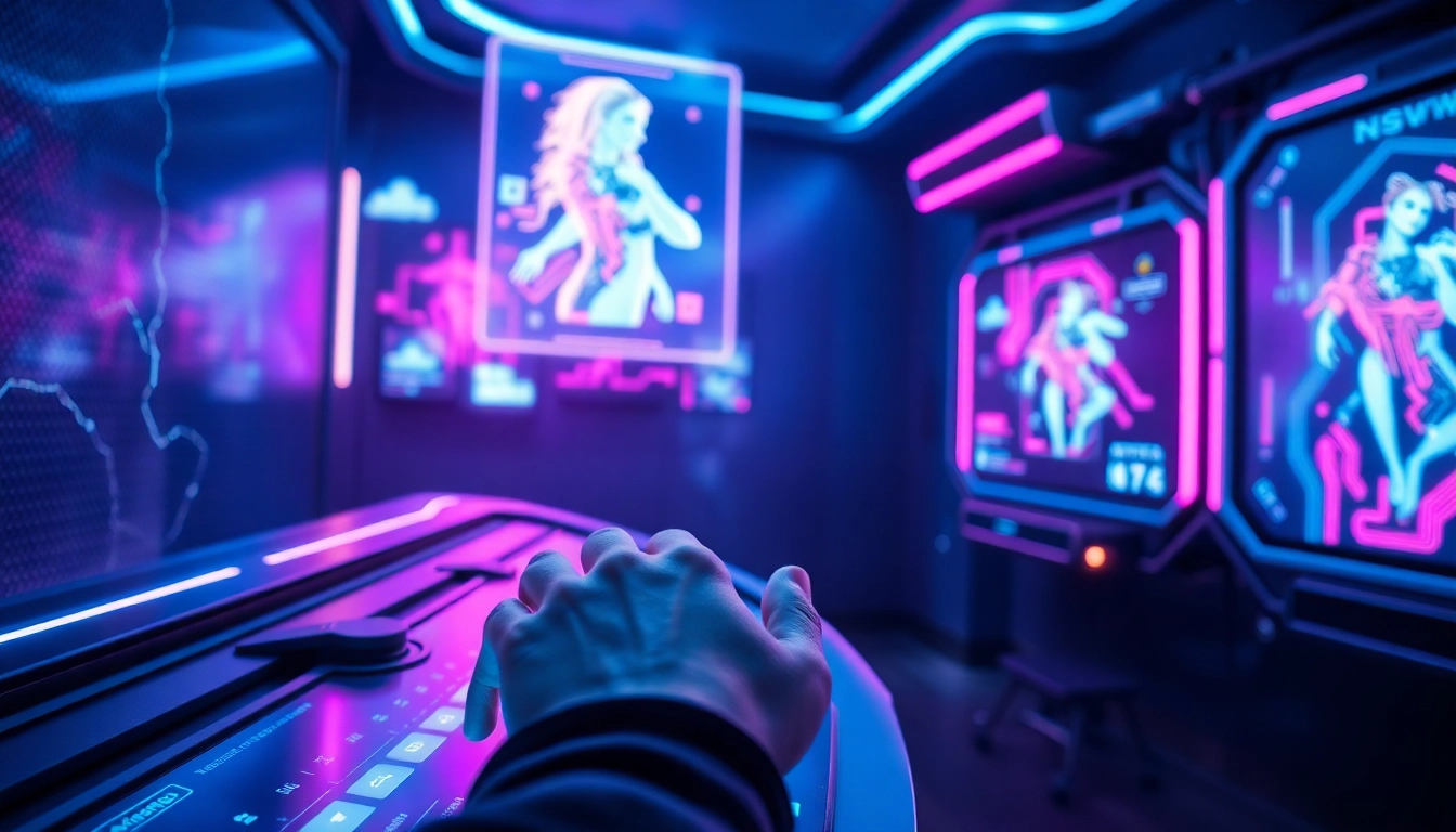 Futuristic user engaging with holographic NSFW AI visuals in a high-tech environment.