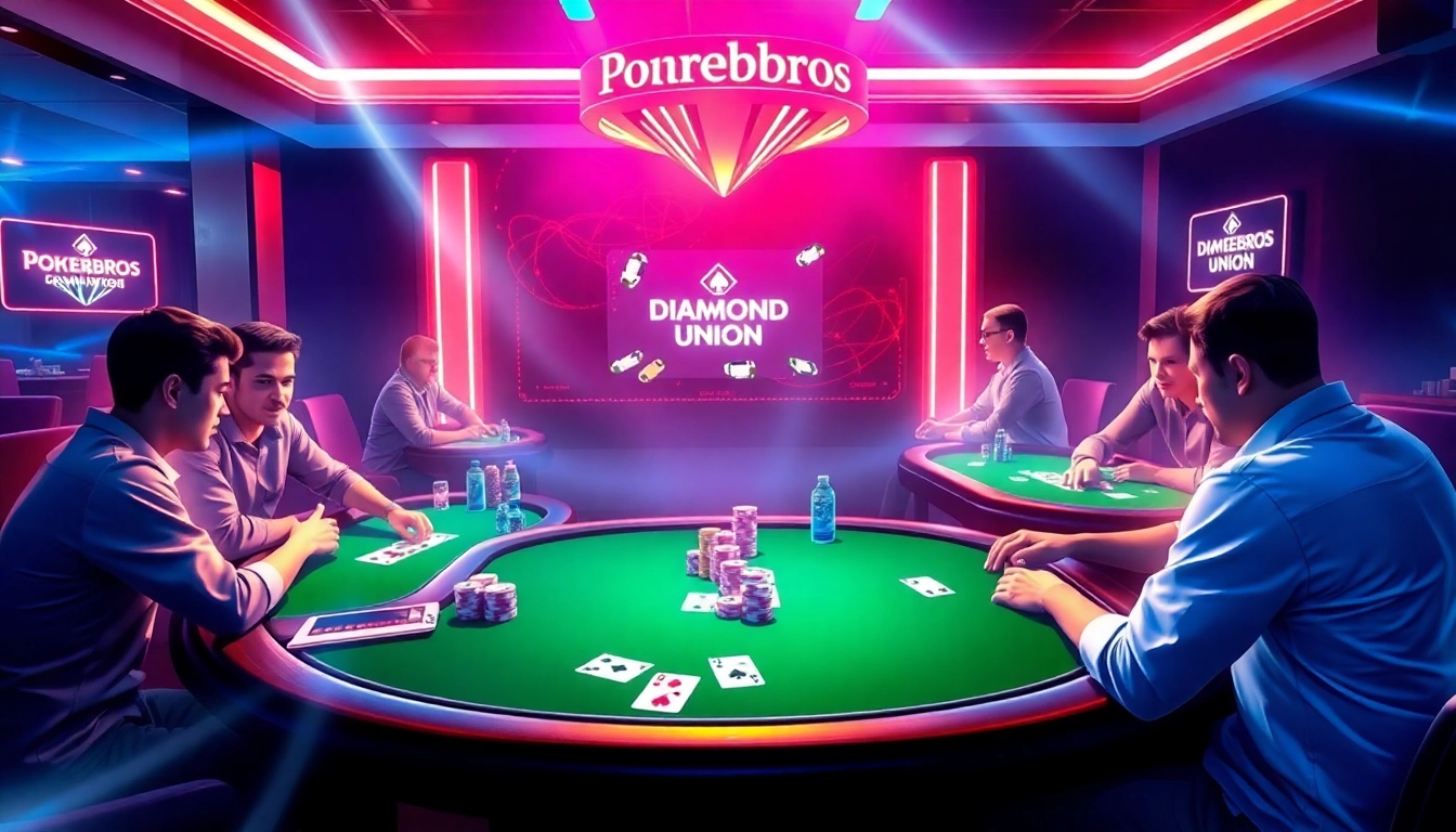 Engaging scene of Pokerbros Diamond Union players in a digital poker room with strategic gameplay focus, highlighting online action and branding elements.