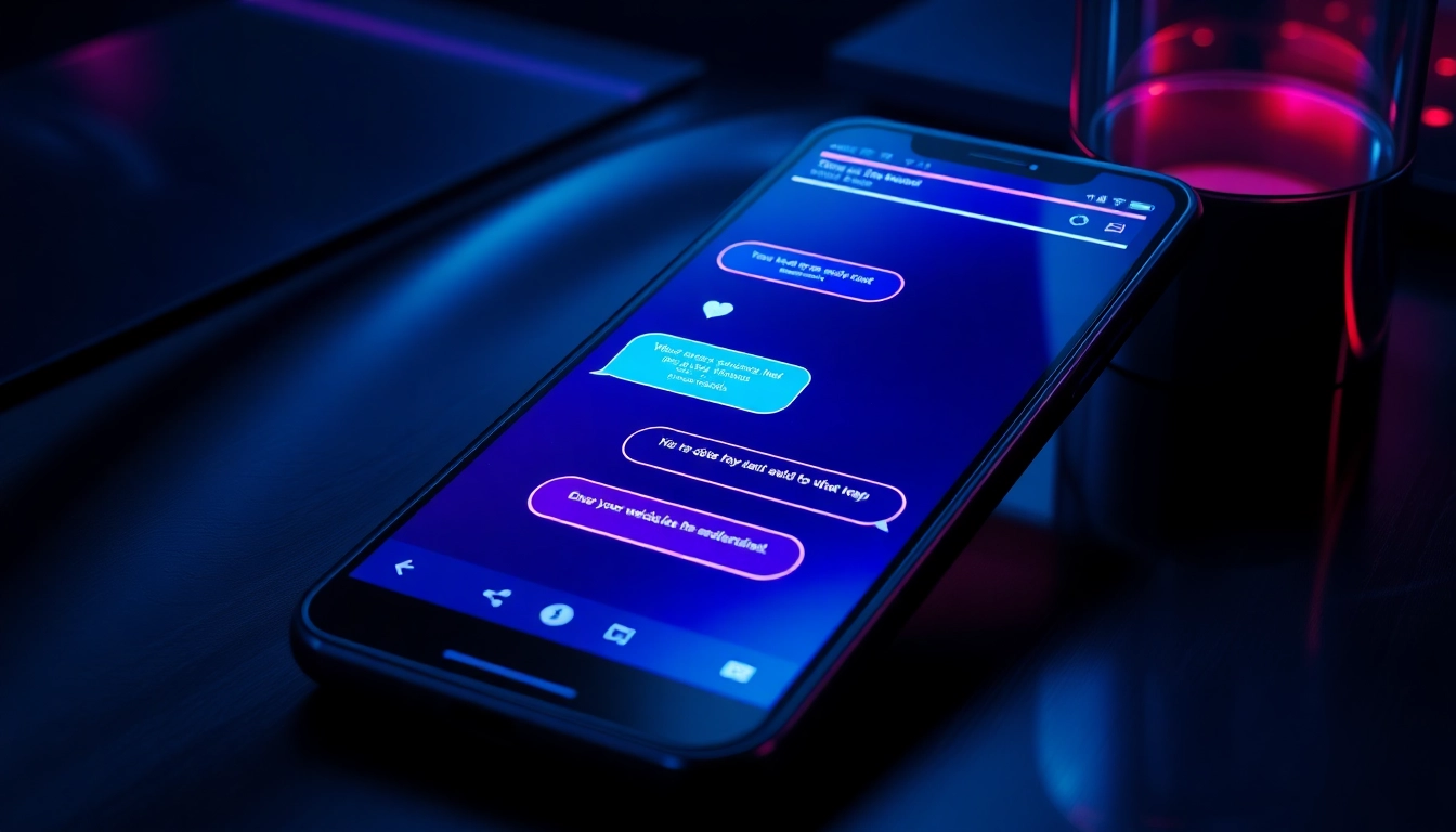 Close-up of a smartphone with a vibrant chat interface showing an engaging, glowing conversation in a dark, moody setting.