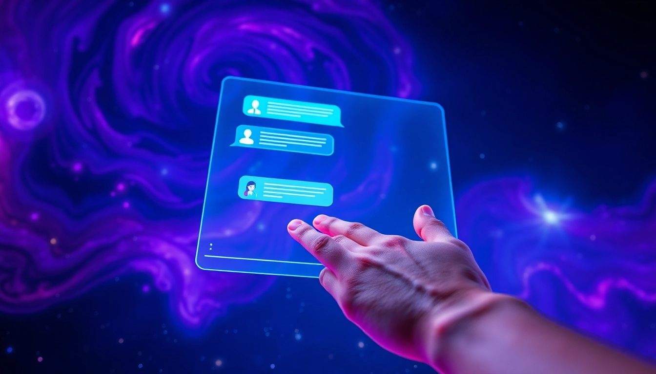 A futuristic space-themed digital chat interface with holograms and cosmic background.