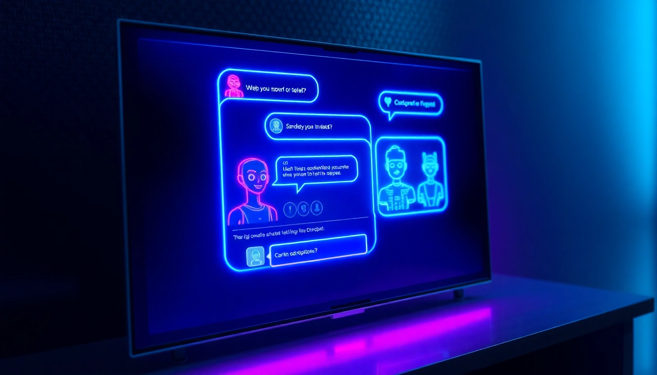 Futuristic AI chatbot interface with holographic characters on a digital screen