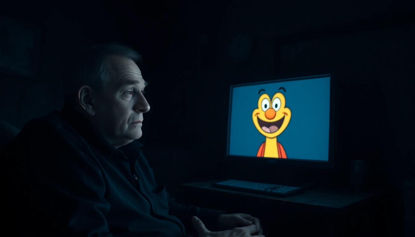 A distressed man facing a cheerful but distressed cartoon character in a dark room, highlighting the moral dilemma of BLOODMONEY.