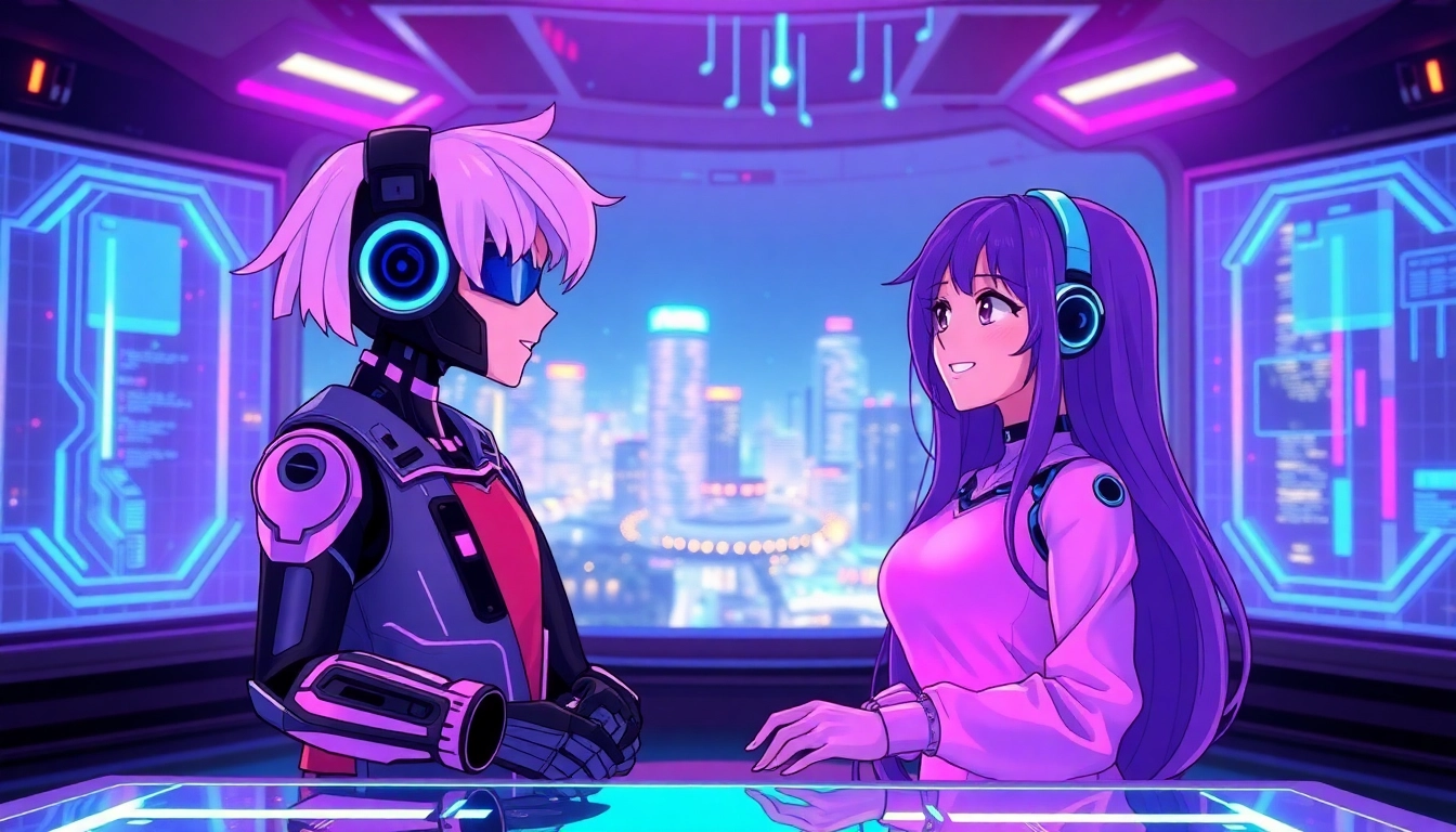 Two AI characters chatting in a neon-lit virtual cityscape with holographic interfaces and cyberpunk aesthetics.