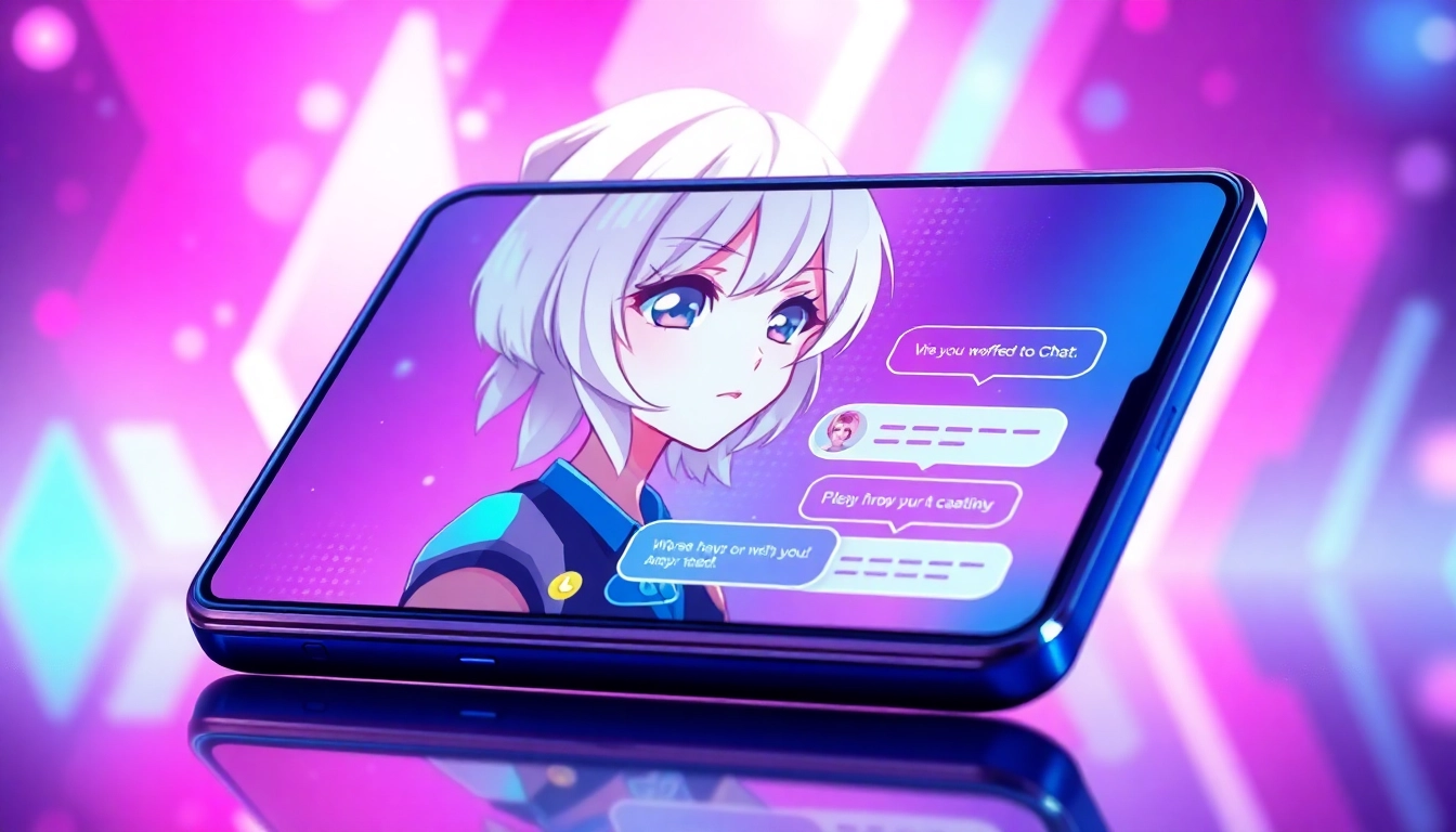 Futuristic digital illustration of an anime-inspired character engaging in a chat on a neon-lit device screen with cyberpunk aesthetics.