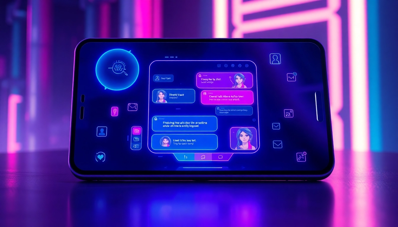 Futuristic AI chatbot interface on a sleek device screen with neon lights and holographic chat bubbles