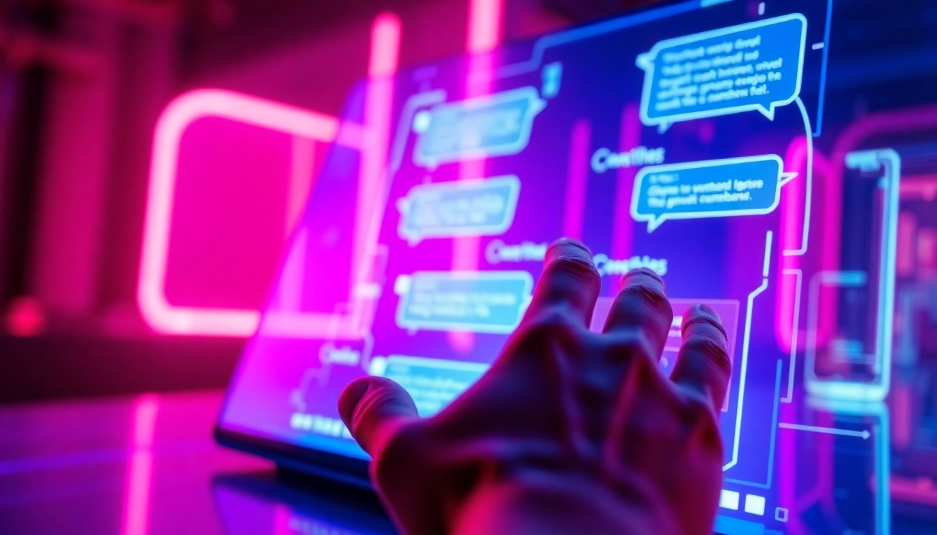 A person interacting with a futuristic chatbot interface on a digital screen with neon colors and floating conversation bubbles.