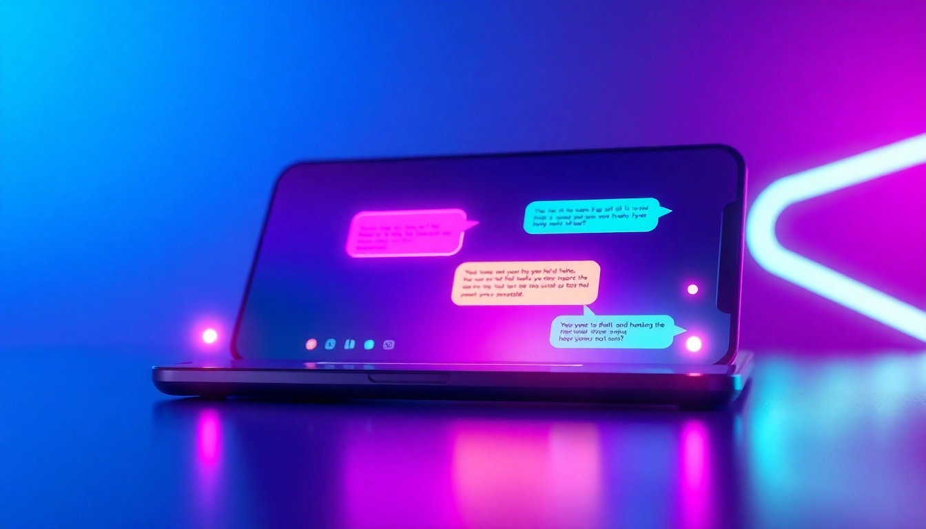 Futuristic AI chat interface with glowing speech bubbles on a high-tech device screen