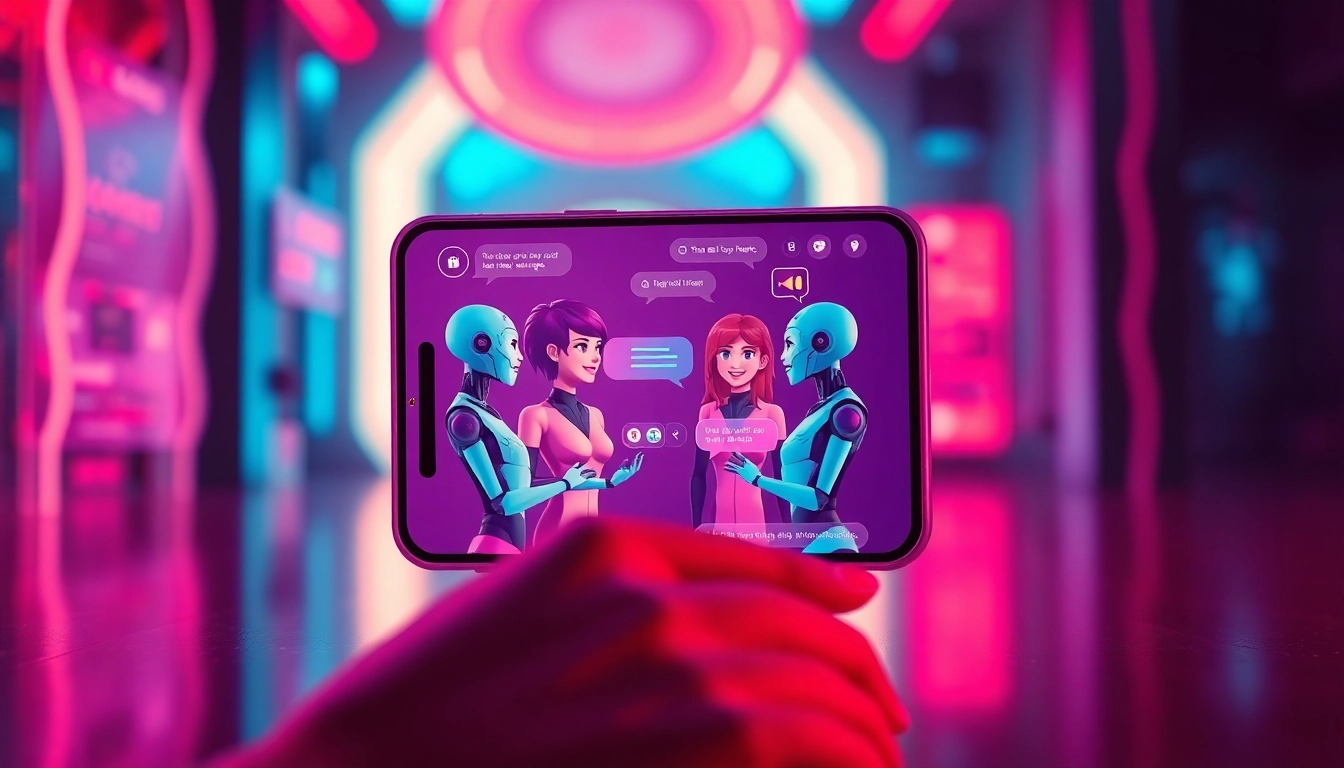 Digital illustration of a smartphone displaying a colorful AI chat interface with flirtatious characters in a futuristic cyber environment.
