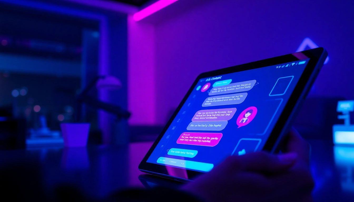 Futuristic AI chatbot interface on a tablet with neon accents and holographic surroundings