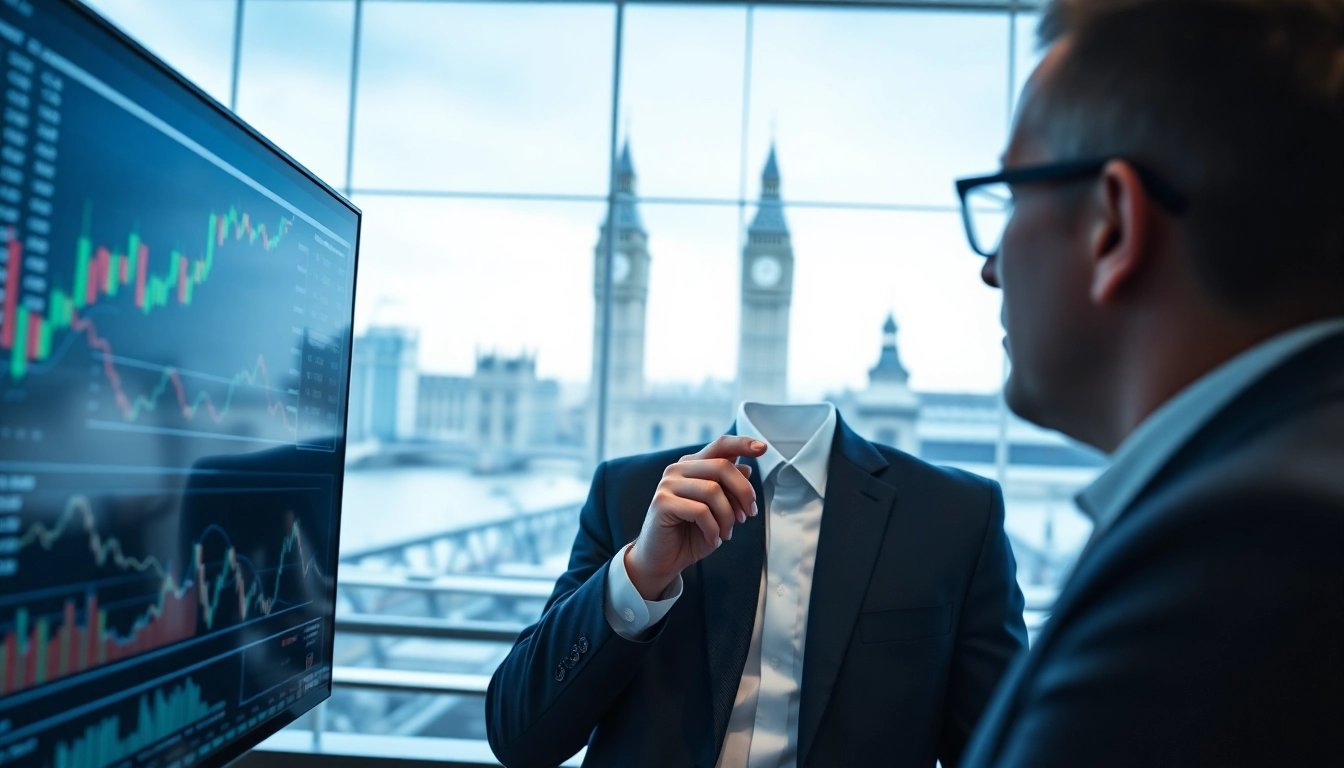 Financial News Updates UK Professional analyzing financial charts with UK landmarks, conveying