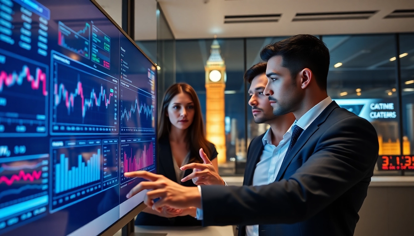Financial News Updates UK show professionals analyzing stock charts and news on digital screens