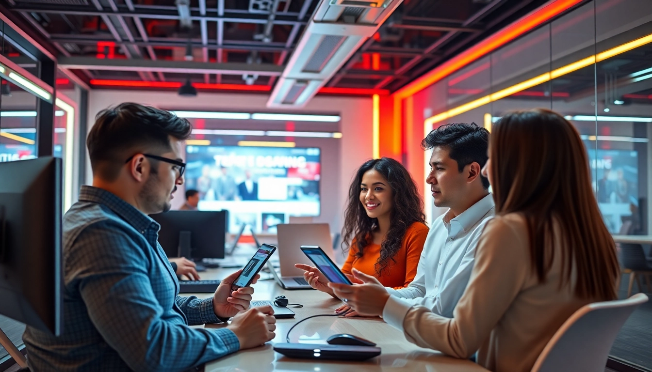 Team of entrepreneurs analyzing technology startup news on digital screens in a modern office