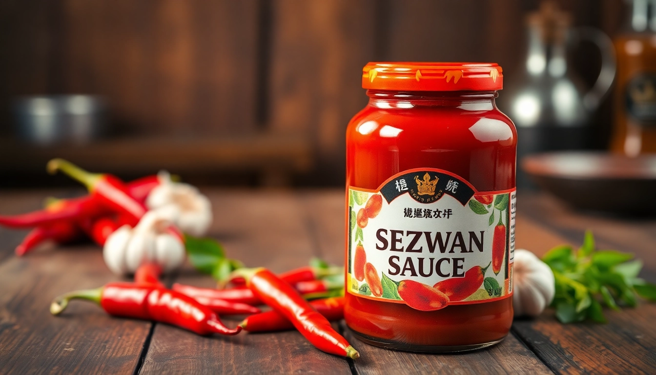 Schezwan Sauce bottle with chili peppers and garlic for spicy Asian cuisine highlighting bold